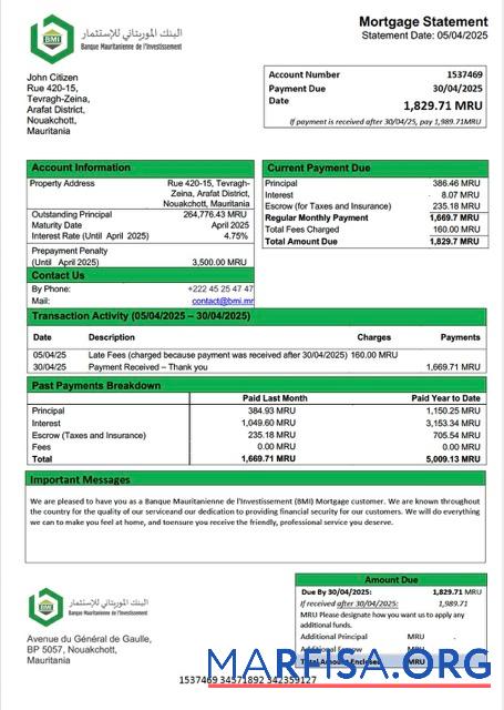 Downloadable Mauritania Banque Mauritanienne de l'Investissement (BMI) mortgage statement Word and PDF template